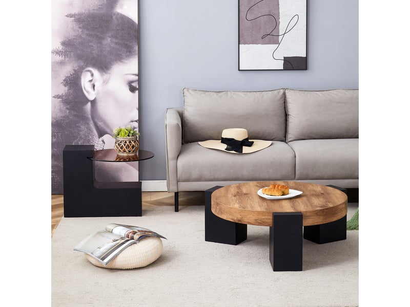  Table basse ronde à deux niveaux avec table d’appoint, mdf effet bois et verre brun, ø 61 et 44 cm  - Conforama D