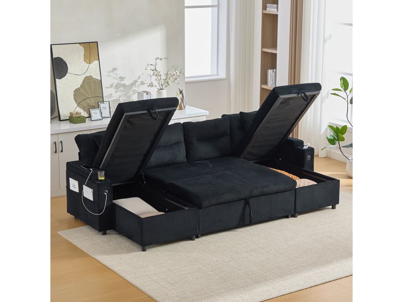  Canapé panoramique convertible en lit 272 cm, 4 places avec double méridienne, rangements, porte-gobelets, usbtype-c, velours côtelé, noir  - Conforama E