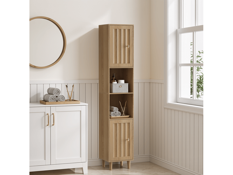 Meuble de salle de bain 32x30x169 cm, 2 portes, rangement ouvert, pour salle de bain, cuisine, mdf, couleur chêne  - Conforama B