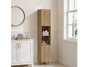 Meuble de salle de bain 32x30x169 cm, 2 portes, rangement ouvert, pour salle de bain, cuisine, mdf, couleur chêne