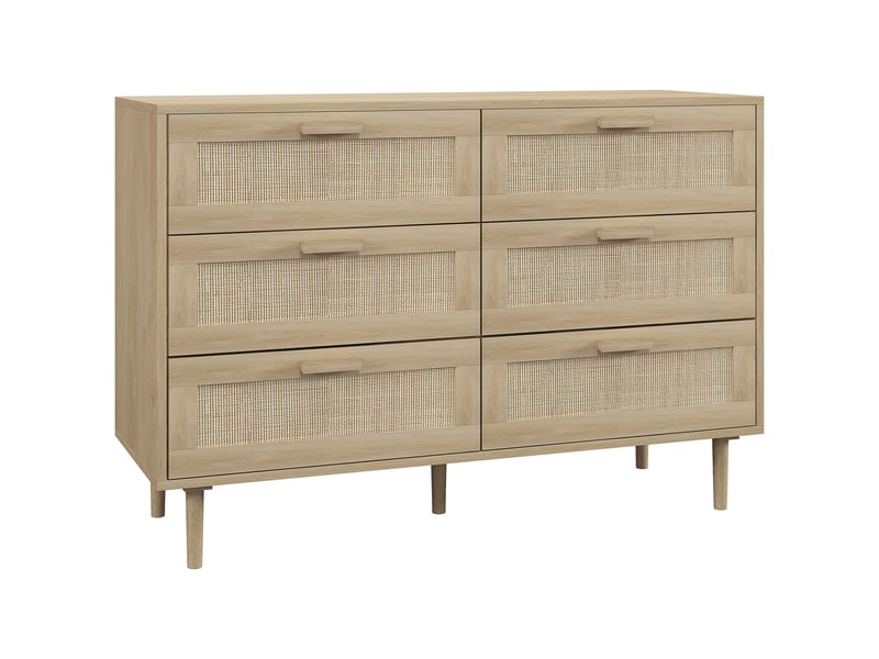  Commode 6 tiroirs meuble de rangement avec tissage en rotin dim. 110l x 40l x 75h cm aspect clair bois  - Conforama B