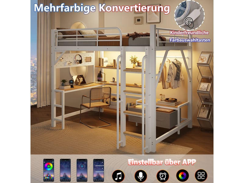 Lit surélevé 140 x 200 cm blanc, panneau perforé, étagères, tiroirs en tissu, bureau, usb, led, sans matelas  - Conforama D