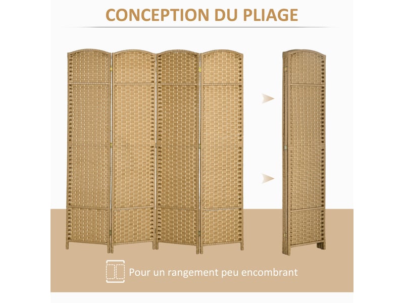  Paravent interieur en bois 4 panneaux 160 x 170 cm séparateur de pièce pliable pour salon, naturel, chambre à coucher  - Conforama E