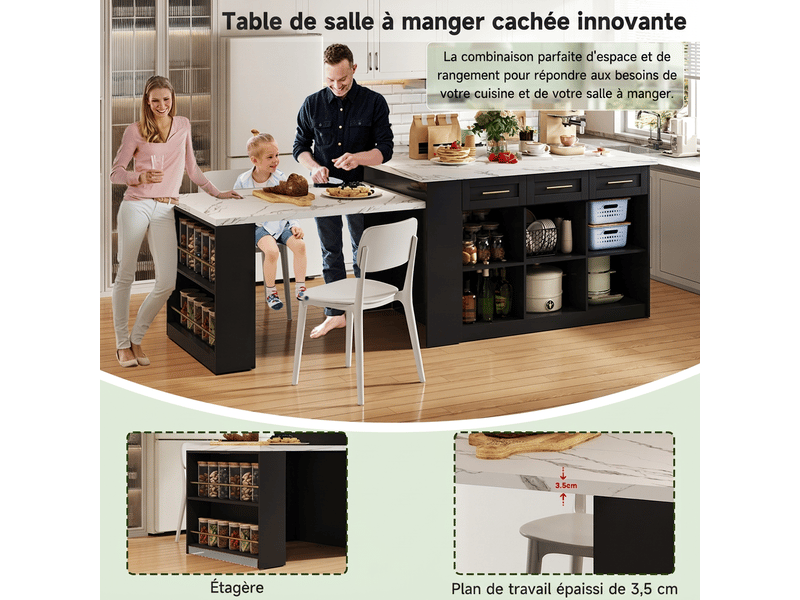  Îlot de cuisine multifonction noir avec table extensible 150cm  - Conforama C