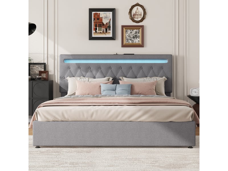  Lit coffre adulte 180x200cm, lit double avec led, usb, tête de lit réglable haut, sommier, tissu lin, gris sans matelas  - Conforama D