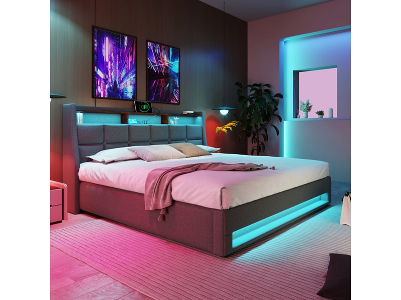  Lit coffre 160x200 avec led, 2 ports usb, sommier relevable, gris  - Conforama E
