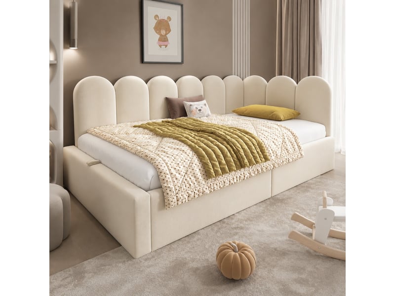  Lit enfant coffre 90x190 cm en velours beige avec sommier métallique  - Conforama C