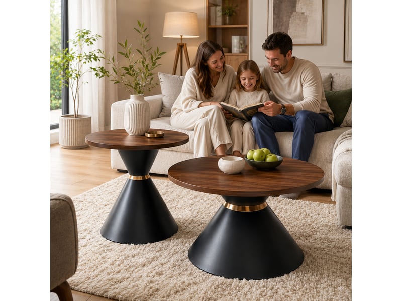  Lot de 2 tables basses rondes en noyer et métal noir - tables design conique solide  - Conforama C