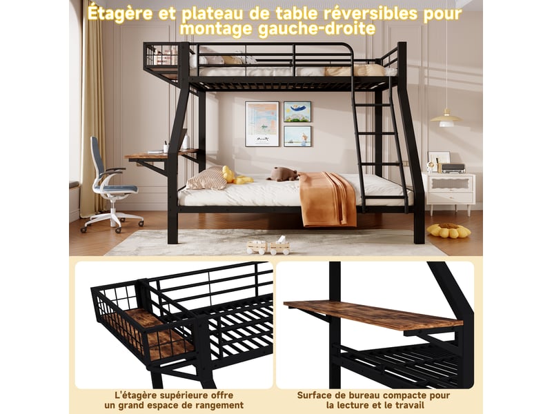  Lit superposé enfant 3 places 90x200140x200 cm avec bureau intégré, niche ouverte, garde-corps, échelle, structure métal et mdf noir  - Conforama E