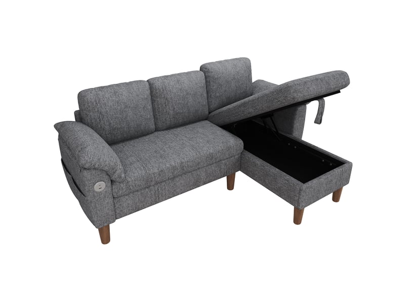  Canapé d'angle 3 places modenvie avec méridienne réversible, rangement, ports usb et type-c, tissu chenille gris clair 181 x 125 x 88 cm  - Conforama A