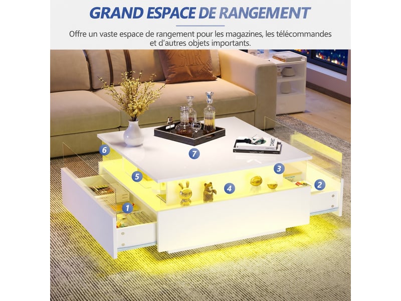  Table basse - carrée - blanc brillant - avec 2 tiroirs et compartiment - eclairage led - 70x70x41 cm  - Conforama E