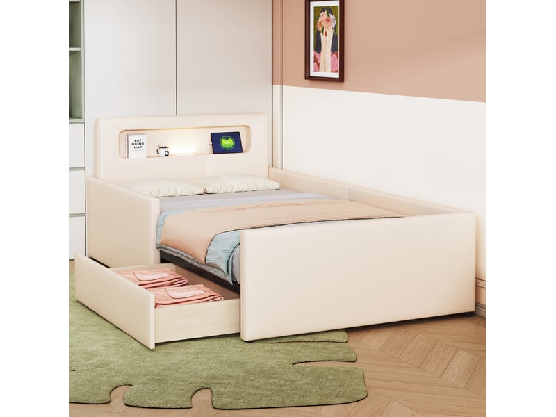  Lit enfant rembourré 90 x 200 cm avec veilleuse, port usb, tiroir et côtés surélevés, similicuir beige Fay Lum - Conforama E
