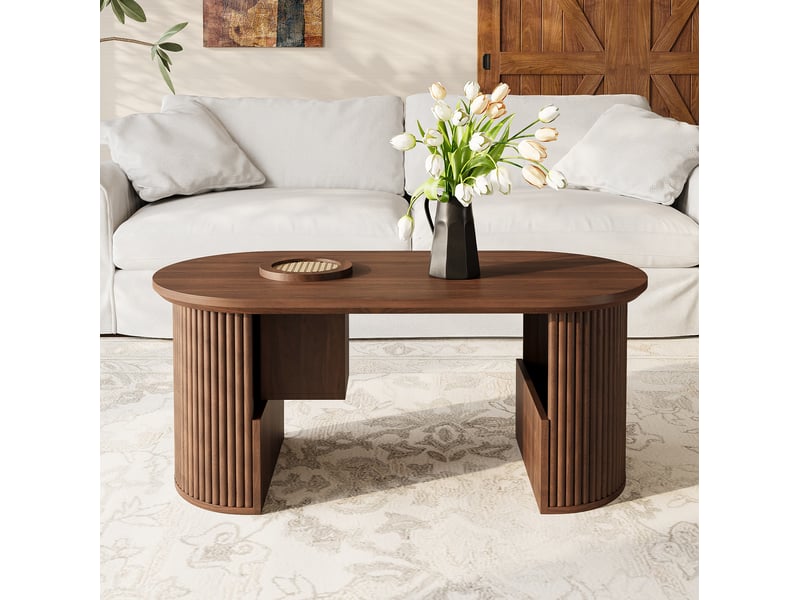 Table basse ovale avec niches et rangements ouverts, finition noyer texturée, pour salon, en mdf, 105 × 50 × 46,5 cm - Conforama C