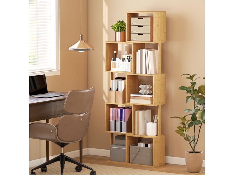  Bibliothèque asymétrique moderne à 5 niveaux en bambou, 62,5 x 23 x 165 cm, couleur bois naturel  - Conforama D