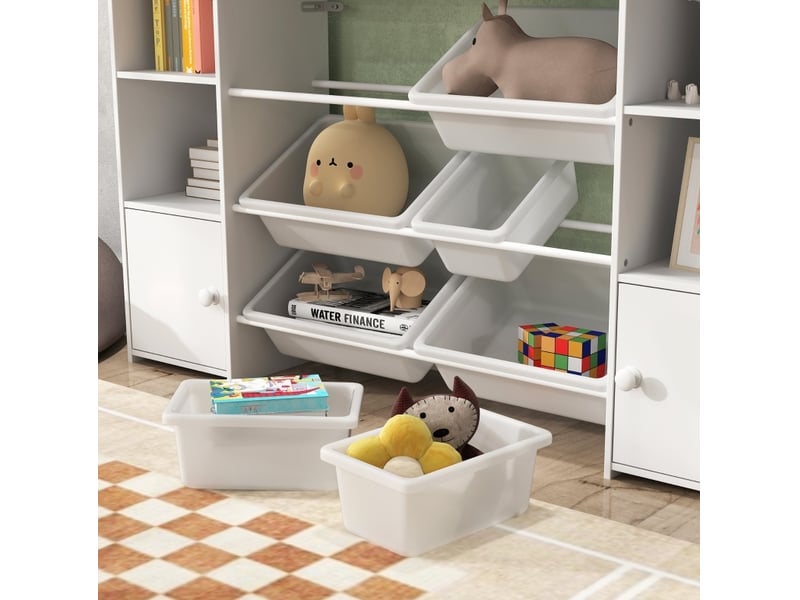 Meuble de rangement enfant 140 x 30 x 90 cm blanc en mdf et métal, 8 bacs amovibles pour jouets  - Conforama D
