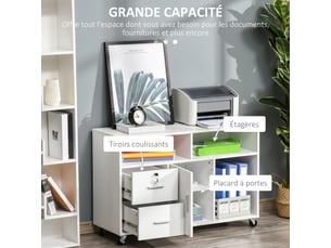 Support d'imprimante à 2 tiroirs meuble de rangement sur roulettes étagères ouvertes et placard, blanc, 100 x 35 x 65 cm