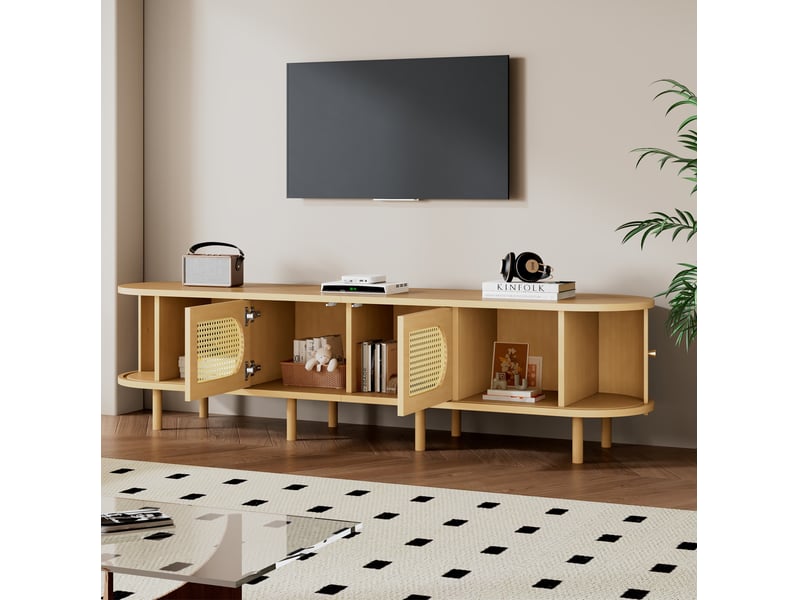  Meuble tv 180x40x40 cm avec portes effet rotin coloris bois naturel  - Conforama D