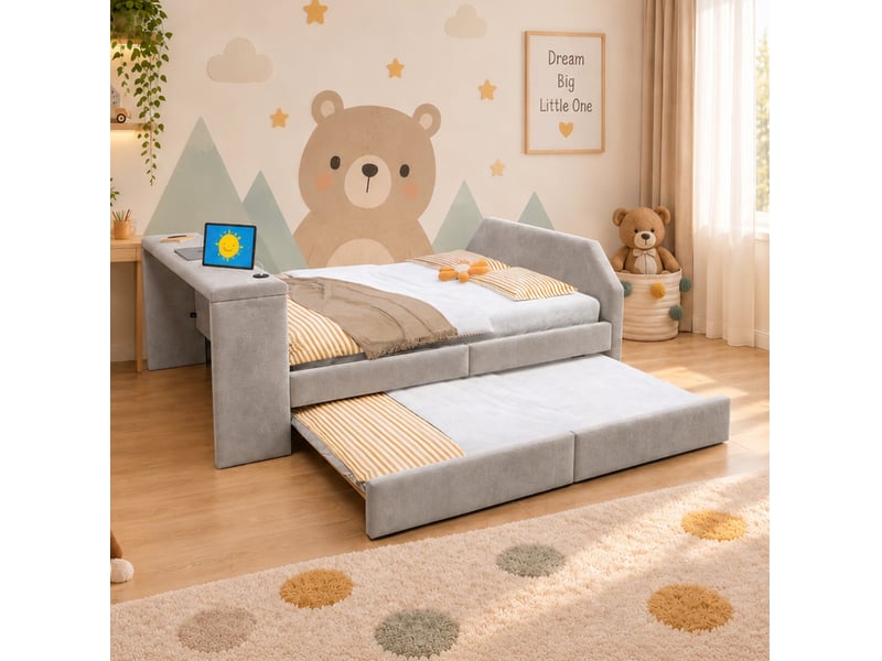 Lit enfant 140x200 cm avec bureau, port usb et lit gigogne en velours gris - Conforama B