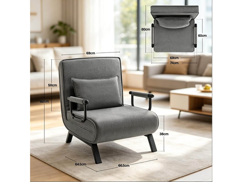 Fauteuil convertible 3 en 1 avec dossier réglable à 5 positions, coussin amovible en lin gris foncé - Conforama D