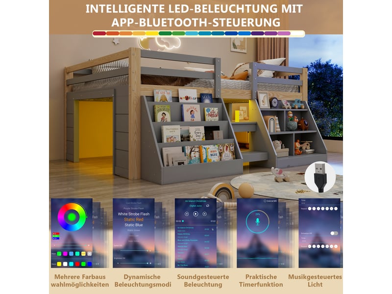  Lit mezzanine enfant 140x200cm en pin avec compartiments ouverts et led,lit superposé double avec échelle et barrières de sécurité,sans matelas-gris et naturel  - Conforama D