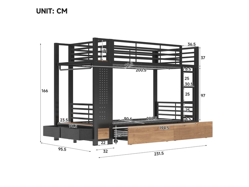Lit superposé 90x200 cm avec cadre métal - 4 tiroirs - étagères multiples - led - panneau perforé - barre à vêtements - espace de rangement - mdf - noir CozyNest - Conforama C