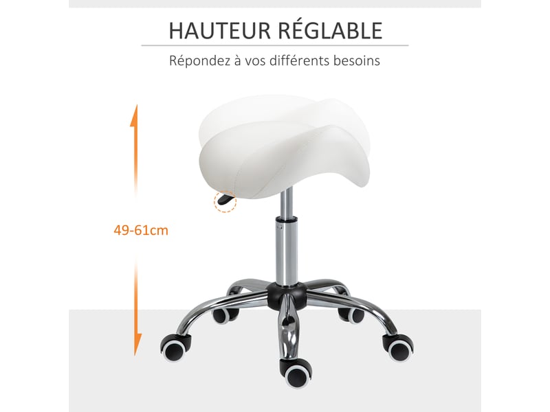 Tabouret à roulettes, tabouret de massage avec hauteur réglable 49-61 cm et selle ergonomique, pour salon de massage tatouage clinique spa, chaise de travail à roulettes pivotant 360°, blanc  - Conforama A