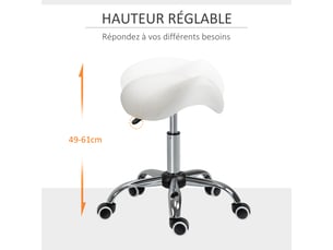 Tabouret à roulettes, tabouret de massage avec hauteur réglable 49-61 cm et selle ergonomique, pour salon de massage tatouage clinique spa, chaise de travail à roulettes pivotant 360°, blanc