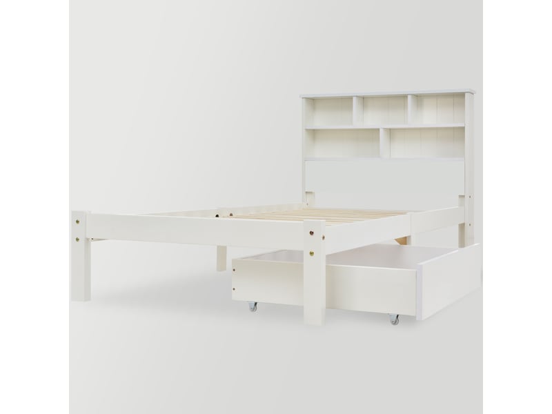  Lit enfant 90x190cm avec clôture de sécurité et rangement sous lit - cadre de lit avec sommier à lattes en bois - blanc  - Conforama R