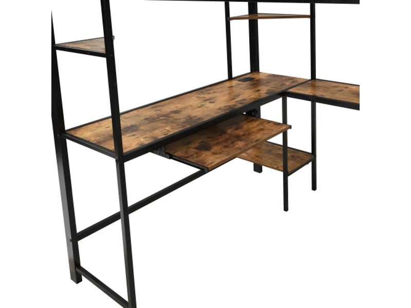 Lit mezzanine en fer et mdf noir 120x200 cm - prise, escalier d'angle sûr, bureau avec plateau clavier et rangement - Conforama E