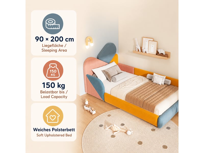  Lit enfant 90x200 cm, lit simple rembourré, cadre de lit avec sommier, structure de lit  - Conforama D
