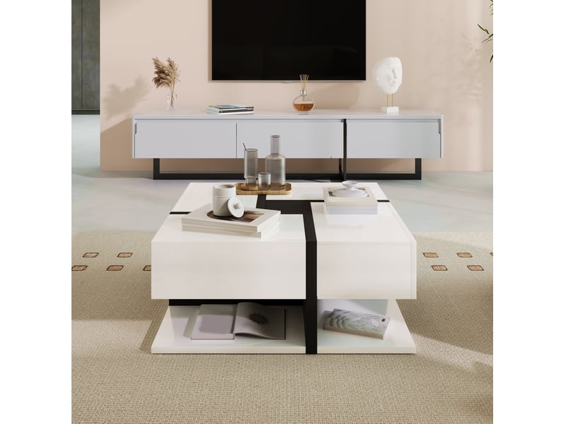  Table basse carrée avec 4 tiroirs et niche de rangement, finition brillante, pour salon, blanc, 78 × 78 × 36 cm  - Conforama B