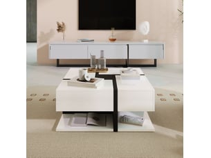 Table basse carrée avec 4 tiroirs et niche de rangement, finition brillante, pour salon, blanc, 78 × 78 × 36 cm