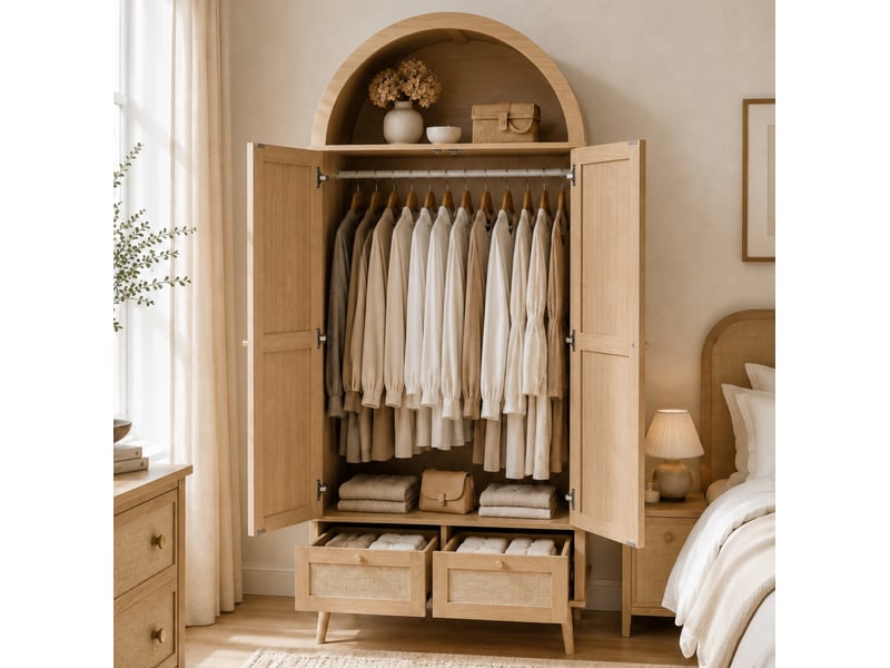  Armoire modenvie 2 portes 2 tiroirs 80 x 55 x 180 cm mdf aspect chêne et rotin pe beige  - Conforama D