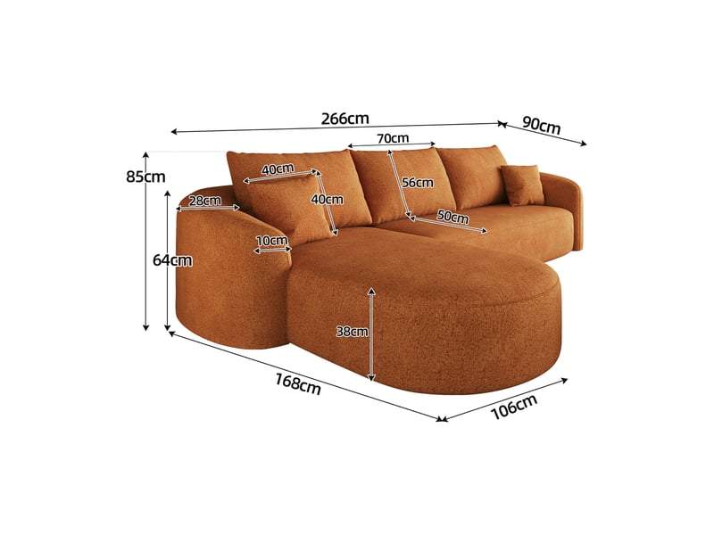  Canapé d’angle modulable en l 3 places, 266 x 168 x 85 cm, assise en mousse haute résilience, sans montage, tissu chenille, orange Morn Vibe - Conforama D
