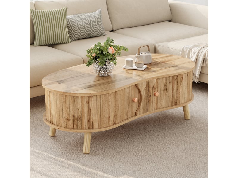 Table basse forme pois 108x50x37cm - portes coulissantes pieds bois massif - mdfbois massif - naturel CozyNest - Conforama B