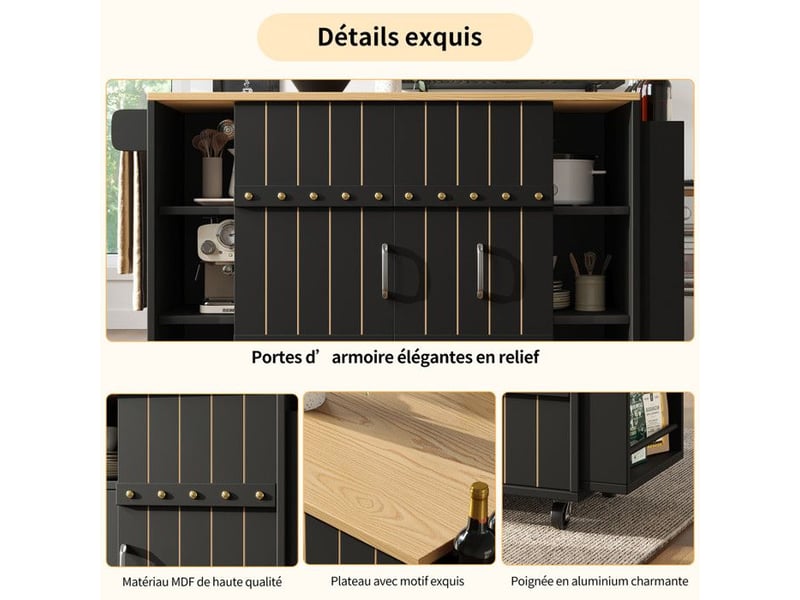  Desserte cuisine noir moderne - plateau pliable (42-70cm), portes coulissantes &amp; 3 tiroirs | idéal petite cuisine  - Conforama D