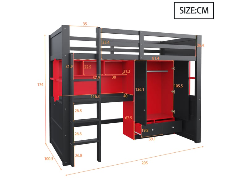  Lit mezzanine 90x200 cm avec bureau, armoire, tiroirs et led, noir et rouge  - Conforama E