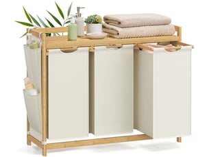 Lot de 3 paniers à linge en bambou avec étagère 94 x 33 x 78 cm capacité 150 litres style épuré blanc crème 12_0012147