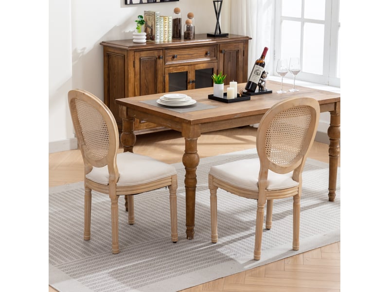  Lot de 2 chaises médaillon style français en tissu effet lin beige et cannage pieds bois vieilli  - Conforama C