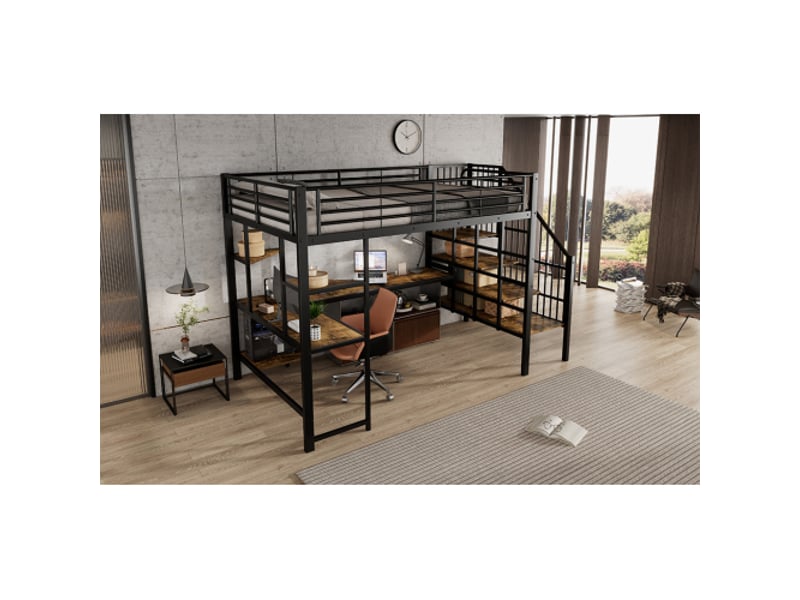 Lit mezzanine en fer et mdf noir 120x200 cm - prise, escalier d'angle sûr, bureau avec plateau clavier et rangement - Conforama B