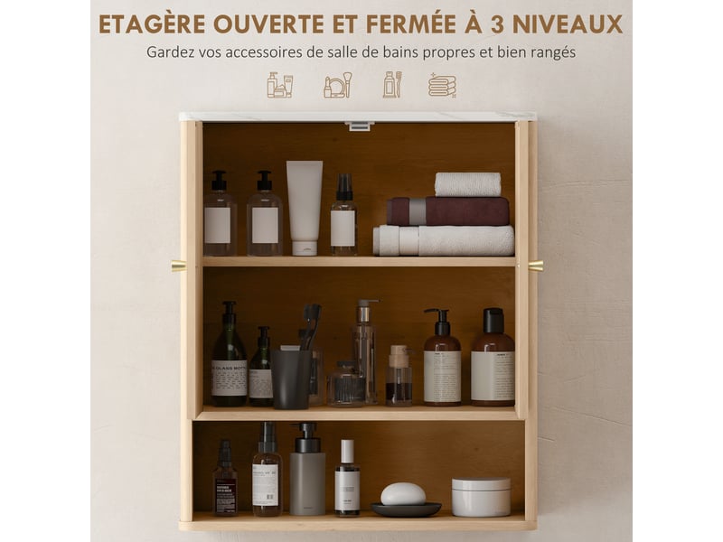 Armoire murale de salle de bain, 60 x 18 x 70 cm chêne, meuble de rangement avec compartiment ouvert et étagère réglable - Conforama A