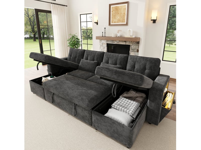 Canapé d'angle panoramique 4 places 273x131x83 cm convertible gris - Conforama E