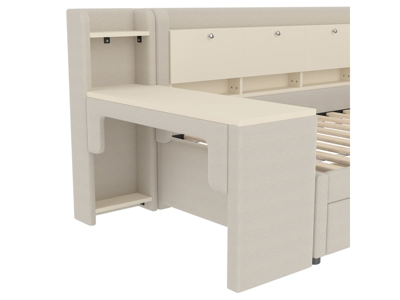  Lit de jour 90x200 canapé lit avec tiroirs et bureau intégré - lin beige, ports usbtype-c  - Conforama W