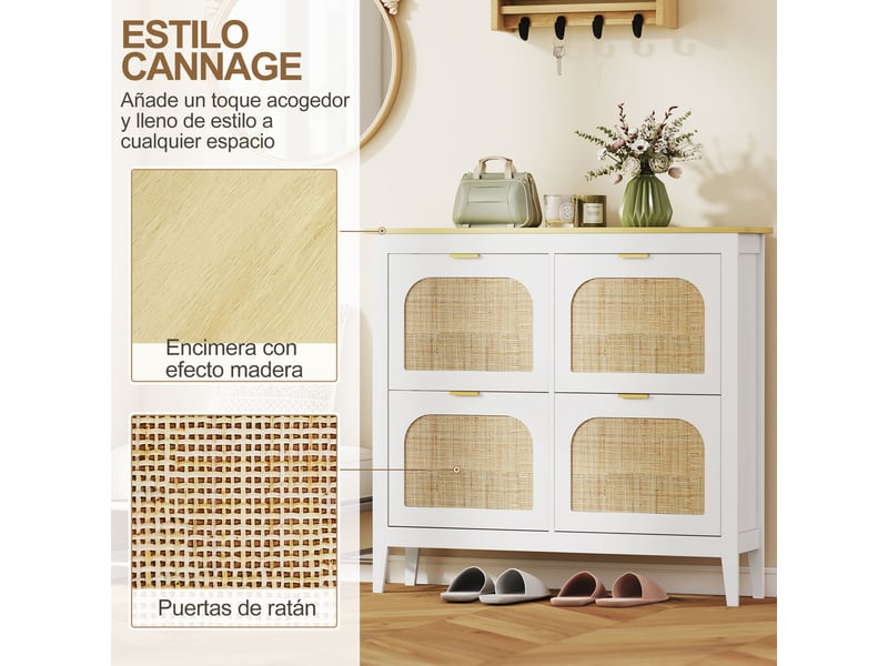  Meuble à chaussures étroit avec 4 portes en rotin, étagères réglables pour 20 paires de chaussures, 105 x 24 x 95,5 cm, blanc  - Conforama E