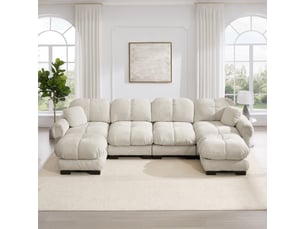 Canapé d'angle panoramique fixe <strong>OKMYHOME</strong> <strong></strong> 4 places Tissu Kaki clair