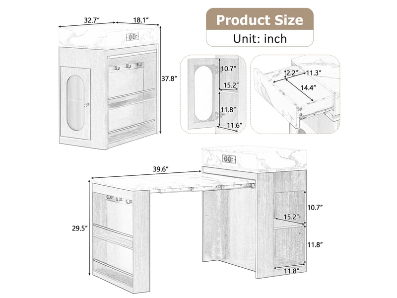  Îlot de cuisine 83x46x96 cm extensible mdf naturel et blanc  - Conforama E
