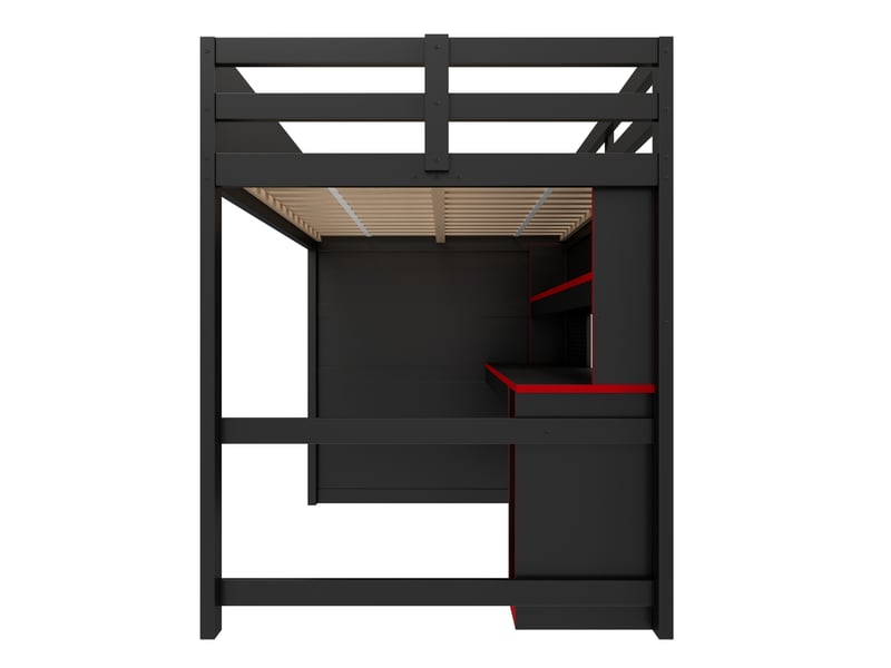Lit mezzanine gaming 140x200 cm noir, avec bureau, escalier de rangement 4 compartiments, led 7 couleurs, usb, sommier inclus, sans matelas - Conforama D