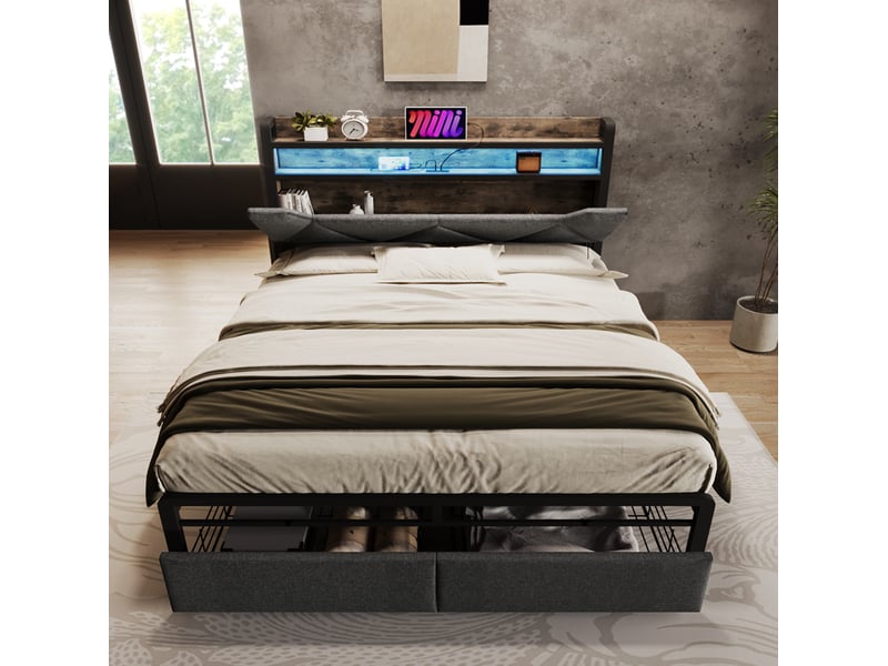  Lit double 160x200 cm avec tête de lit de rangement, éclairage led, tiroirs, lin, gris sans matelas  - Conforama C
