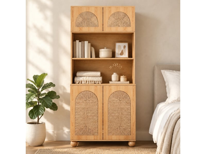 Buffet haut 4 portes avec niche ouverte et étagère réglable pour entrée en mdf 80×40×180 cm naturel - Conforama B