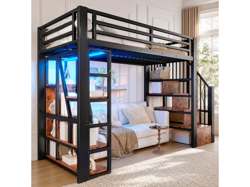  Lit mezzanine enfant 90 x 200 cm noir avec led, rangements et échelle  - Conforama D